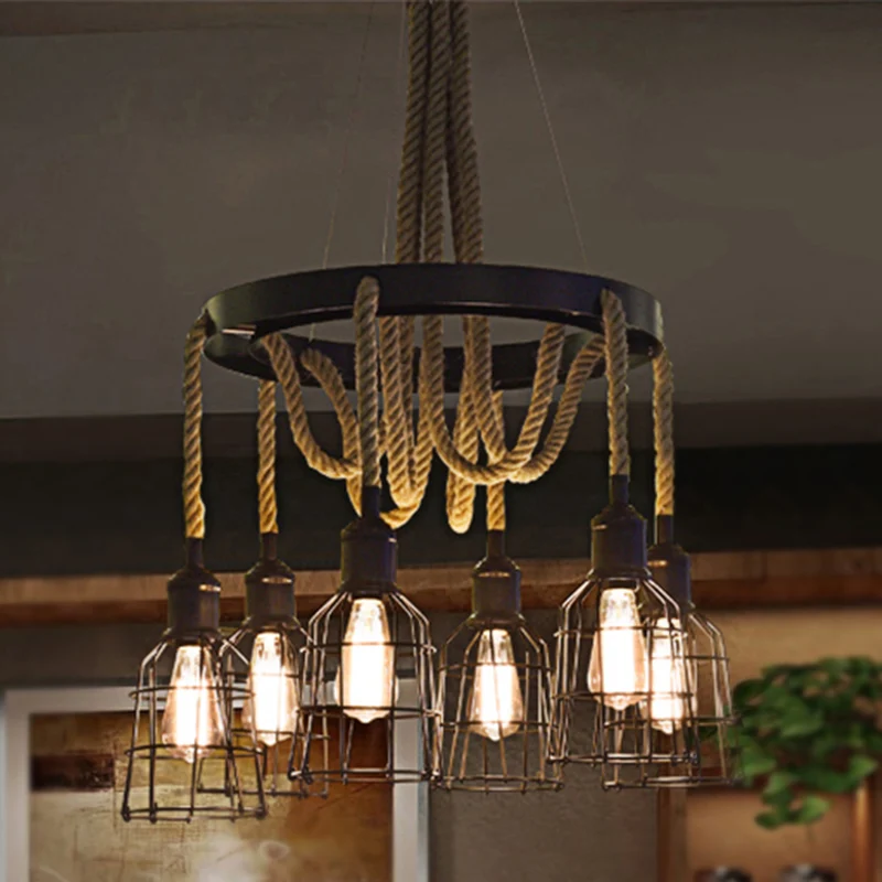Zwarte multi-lichte kroonluchter hanglamp oud stijl metalen global/bell Cage hanglamp met touw