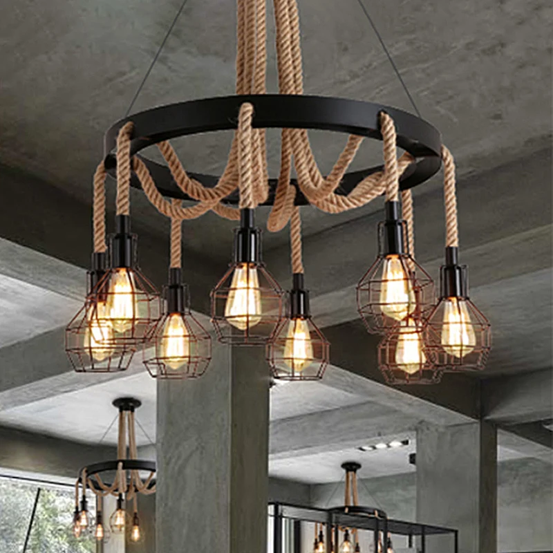 Zwarte multi-lichte kroonluchter hanglamp oud stijl metalen global/bell Cage hanglamp met touw