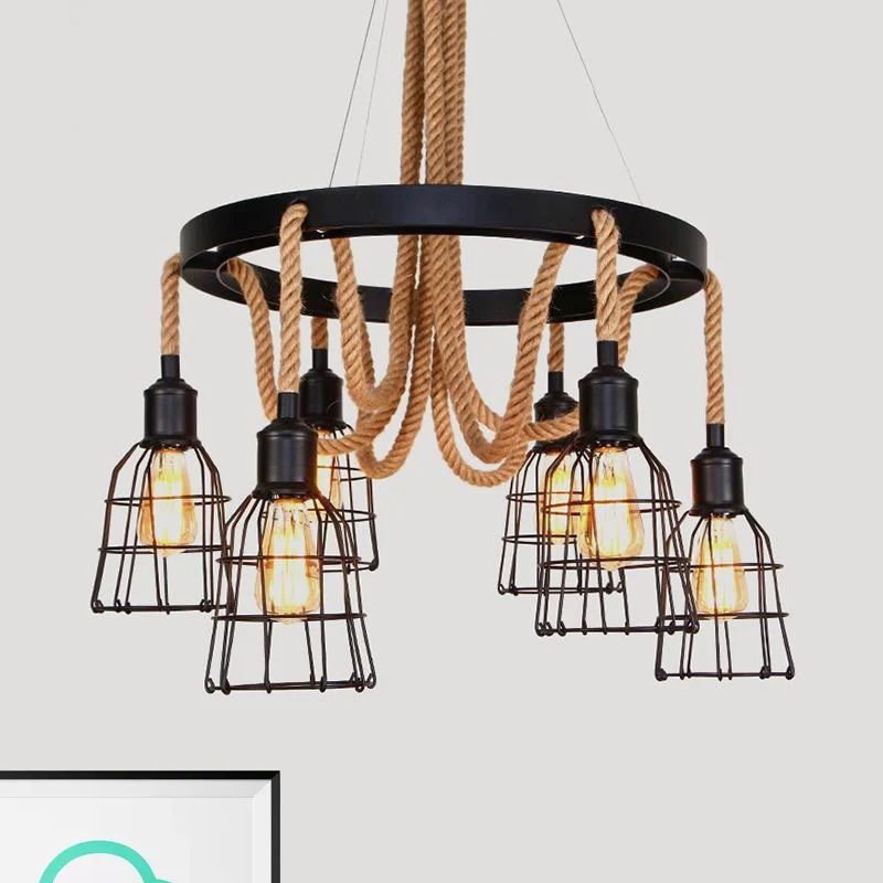 Zwarte multi-lichte kroonluchter hanglamp oud stijl metalen global/bell Cage hanglamp met touw