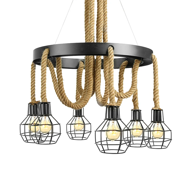 Zwarte multi-lichte kroonluchter hanglamp oud stijl metalen global/bell Cage hanglamp met touw