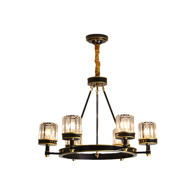 Zwarte ring hanglamp Strak helder kristal 6/8 koppen Grote kamer kroonluchterlamp met cilinderkap
