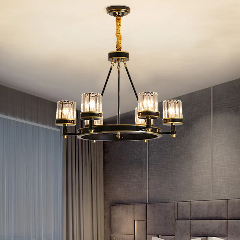 Zwarte ring hanglamp Strak helder kristal 6/8 koppen Grote kamer kroonluchterlamp met cilinderkap