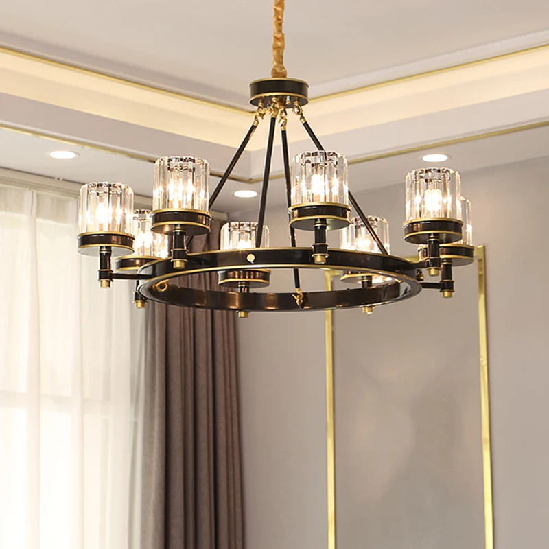 Zwarte ring hanglamp Strak helder kristal 6/8 koppen Grote kamer kroonluchterlamp met cilinderkap