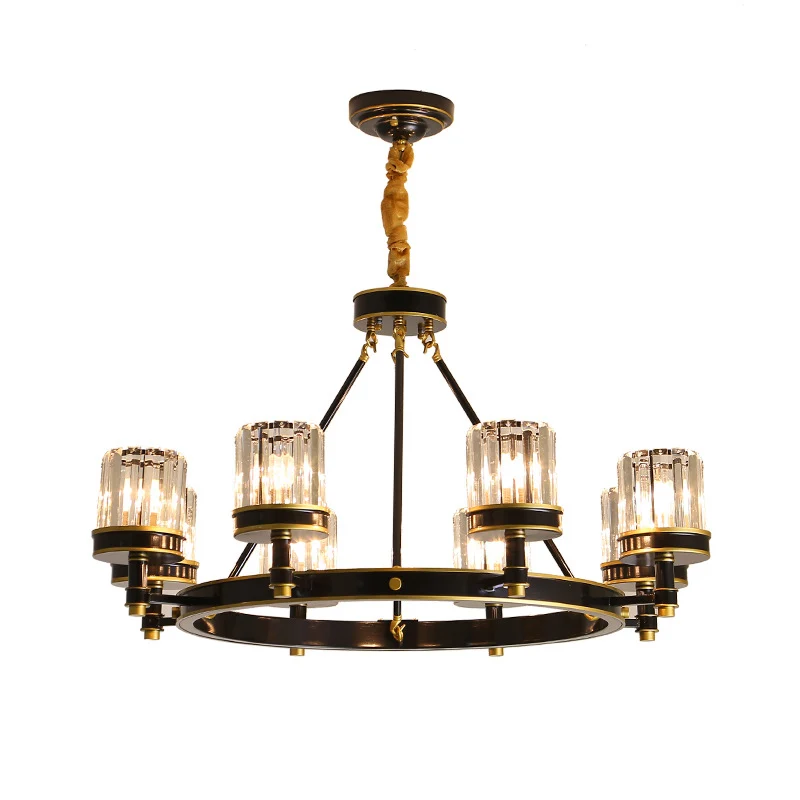 Zwarte ring hanglamp Strak helder kristal 6/8 koppen Grote kamer kroonluchterlamp met cilinderkap