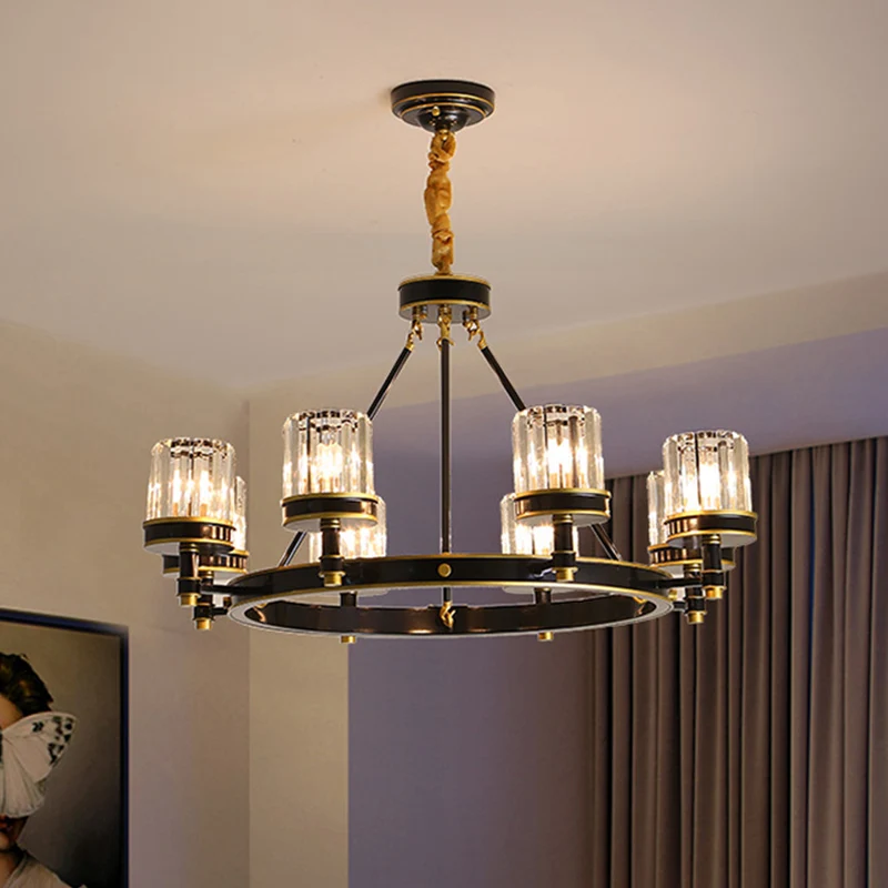Zwarte ring hanglamp Strak helder kristal 6/8 koppen Grote kamer kroonluchterlamp met cilinderkap