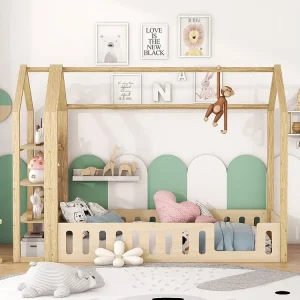 Lit cabane 90x200cm, lit d'enfant plat, lits maison avec balustrade, lit avec 3 niveaux étagères de rangement, naturel