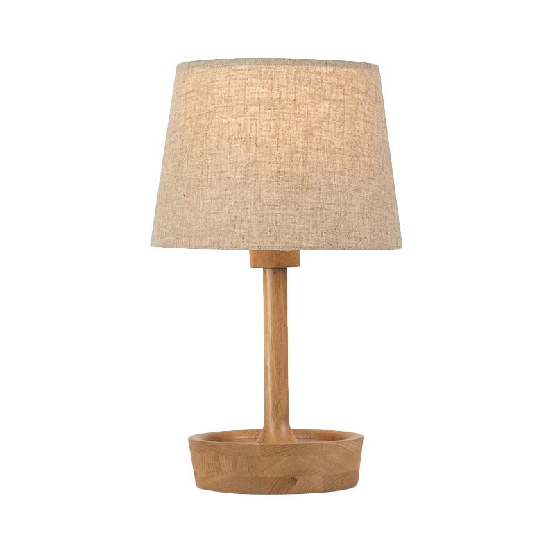 Cone Shade stoffen taaklamp contemporain 1 lamp vlas/wit leeslamp, ronde beige houten voet