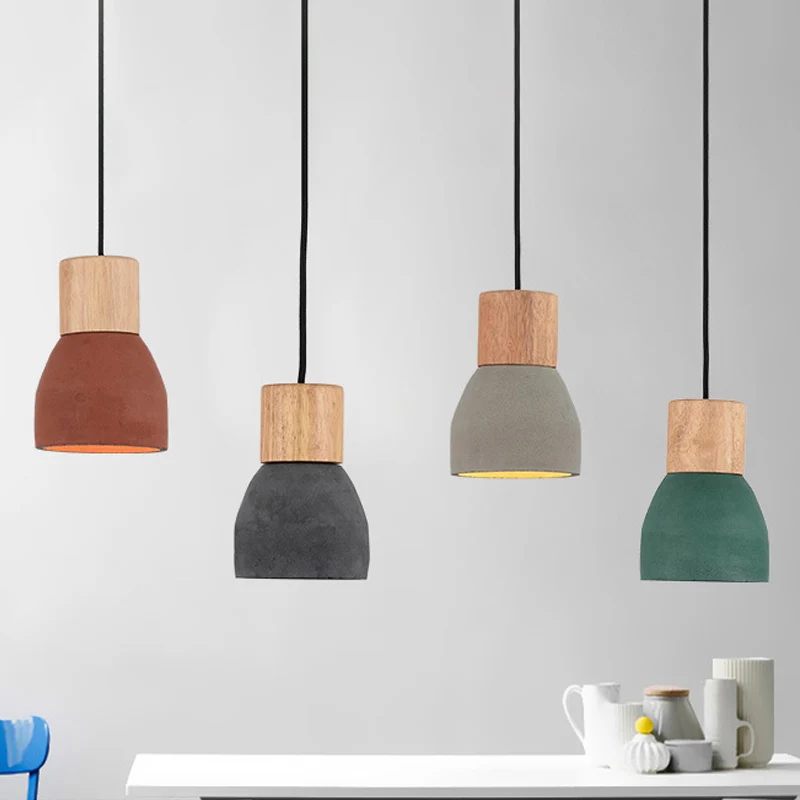 Zwart/Rood/Groen Kom Kleine Druppel Hanglamp Nordic 1 Kop Cement Plafond Hanglamp met Houten Fitting met SOS-functie