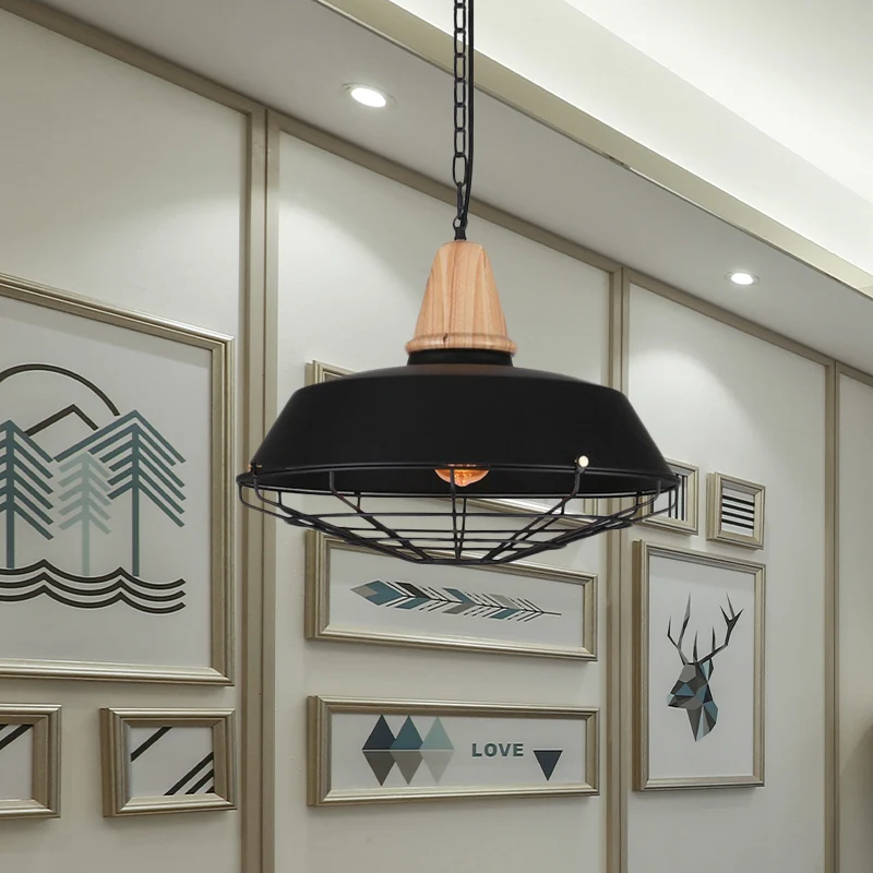 10"/14"/18" W 1 kop plafond hanglamp met schuur en draadbeschermer metalen ouderwets stijl restaurant hanglamp zwart