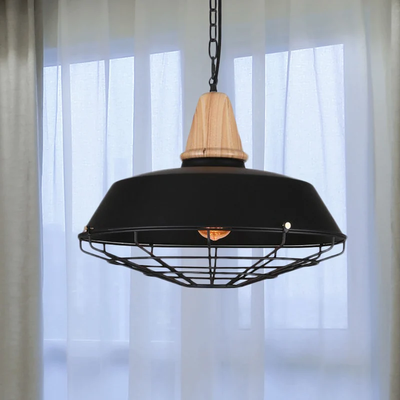 10"/14"/18" W 1 kop plafond hanglamp met schuur en draadbeschermer metalen ouderwets stijl restaurant hanglamp zwart