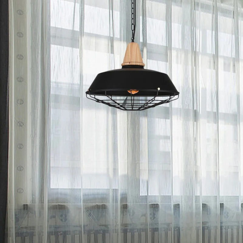 10"/14"/18" W 1 kop plafond hanglamp met schuur en draadbeschermer metalen ouderwets stijl restaurant hanglamp zwart