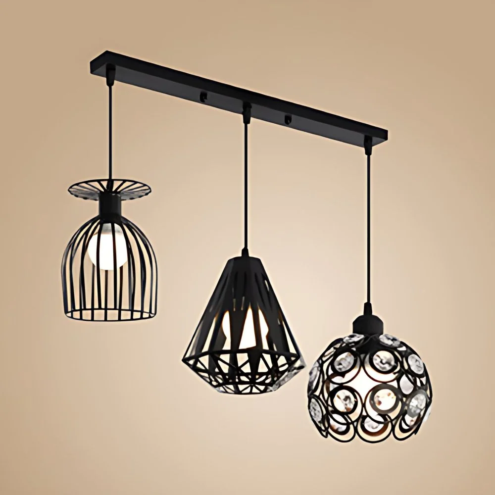 3-lichts hangend zwak loft-stijl gekooid metalen plafondarmatuur met verschillende schaduwen zwart/wit voor restaurant
