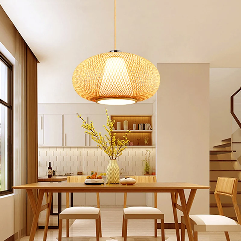 Afgeronde Drum Bamboehout Suspension Lighting Minimalistische 1��Head Houten Hangende Plafondlamp - 60cm Diameter