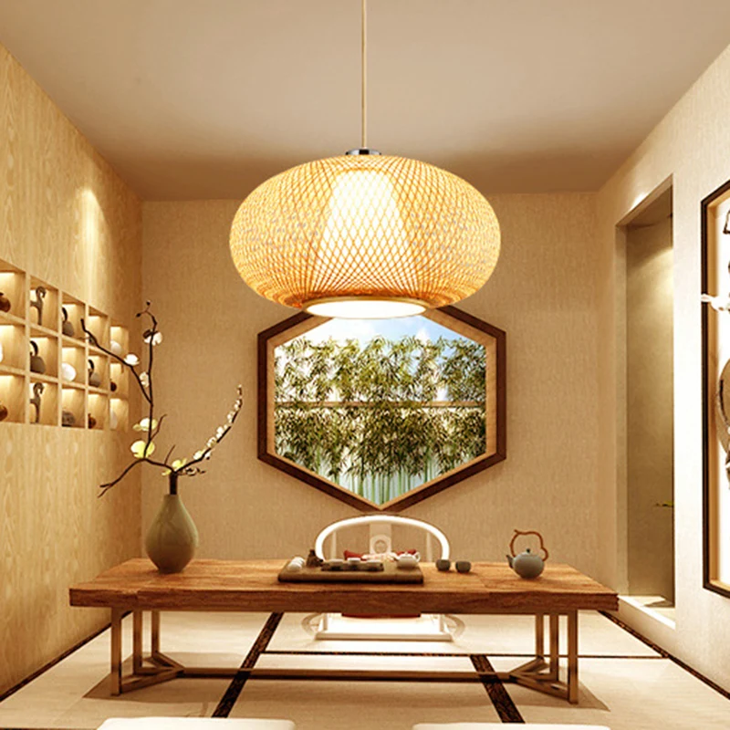 Afgeronde Drum Bamboehout Suspension Lighting Minimalistische 1��Head Houten Hangende Plafondlamp - 60cm Diameter