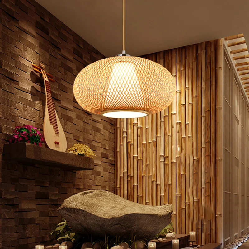 Afgeronde Drum Bamboehout Suspension Lighting Minimalistische 1��Head Houten Hangende Plafondlamp - 60cm Diameter