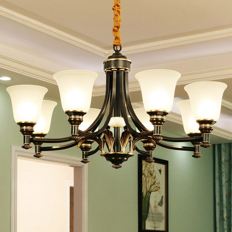 Crèmekleurige glazen uitlopende schaduw kroonluchter hanglamp Antiek woonkamer hanglamp zwart