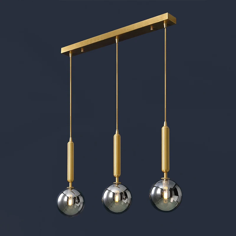 Energiezuinige 3-lichts eetkamer multi-plafondlamp postmoderne koperen hanger met bolglazen kap