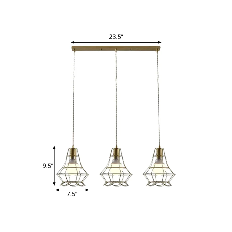 Gouden hanglamp met 3 lampen, antiek ijzeren plafondhanger met kroonblad en ronde/lineaire luifel