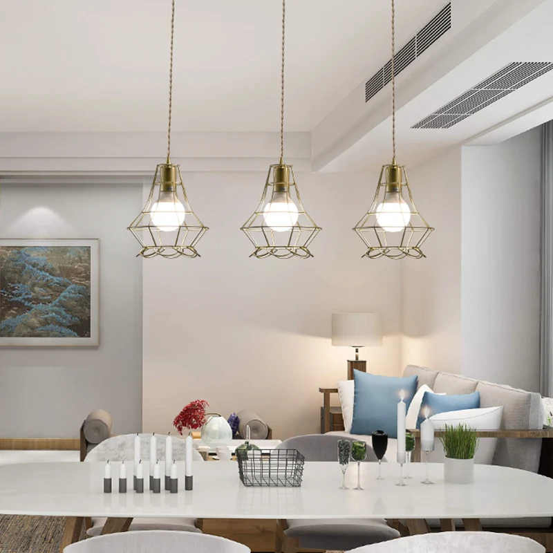 Gouden hanglamp met 3 lampen, antiek ijzeren plafondhanger met kroonblad en ronde/lineaire luifel