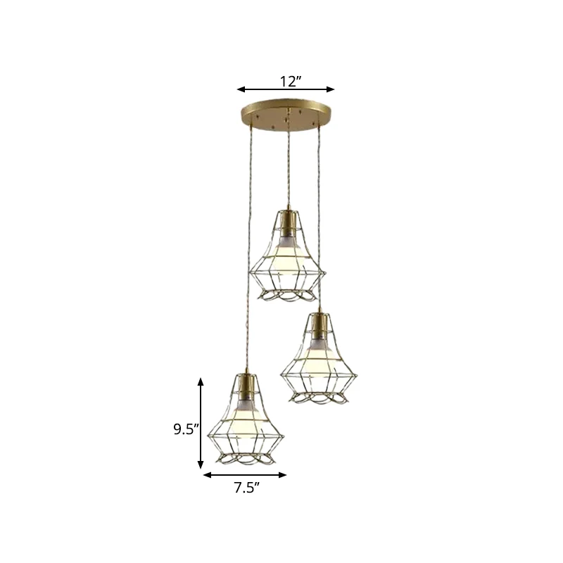 Gouden hanglamp met 3 lampen, antiek ijzeren plafondhanger met kroonblad en ronde/lineaire luifel
