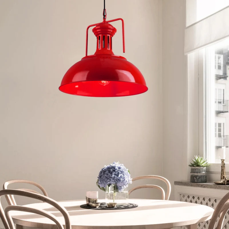 Hangende Pendant Bowl metalen plafondlamp industriële 1-lichts eettafel hanglamp met geventileerde fitting rood/geel