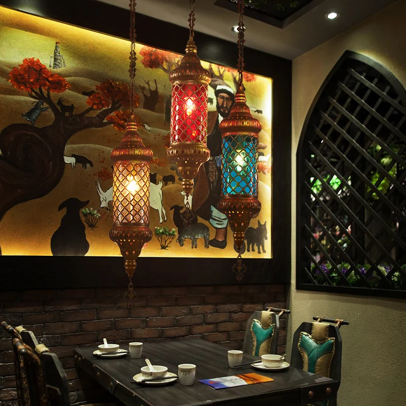 Hangende Pendant Hanglamp met 1 gloeilamp, traditionele rood/geel/blauw glazen plafondophanglamp voor restaurant