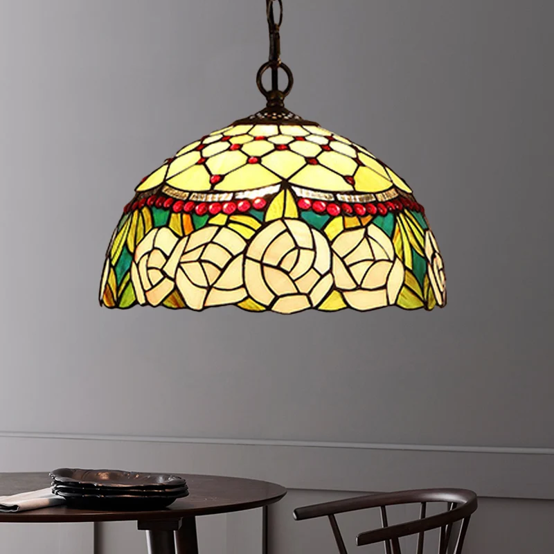 1/2 lichten keukenkroonluchter hanglamp mediterraan brons plafondlamp met koepelvormige rood/geel geslepen glazen kap, 12"...