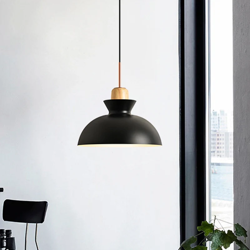 Macaron 1-lichts hanglamp roze/wit/zwart kegel/kom/bel hangende plafondlamp met ijzeren kap en houten kurk met Dimbare LED
