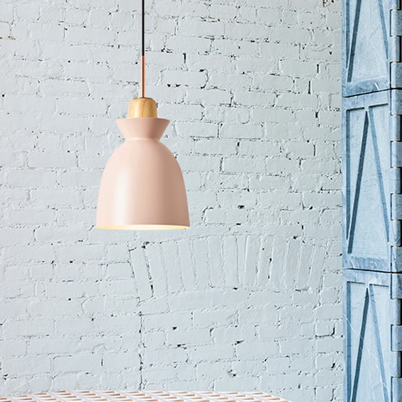 Macaron 1-lichts hanglamp roze/wit/zwart kegel/kom/bel hangende plafondlamp met ijzeren kap en houten kurk met Dimbare LED