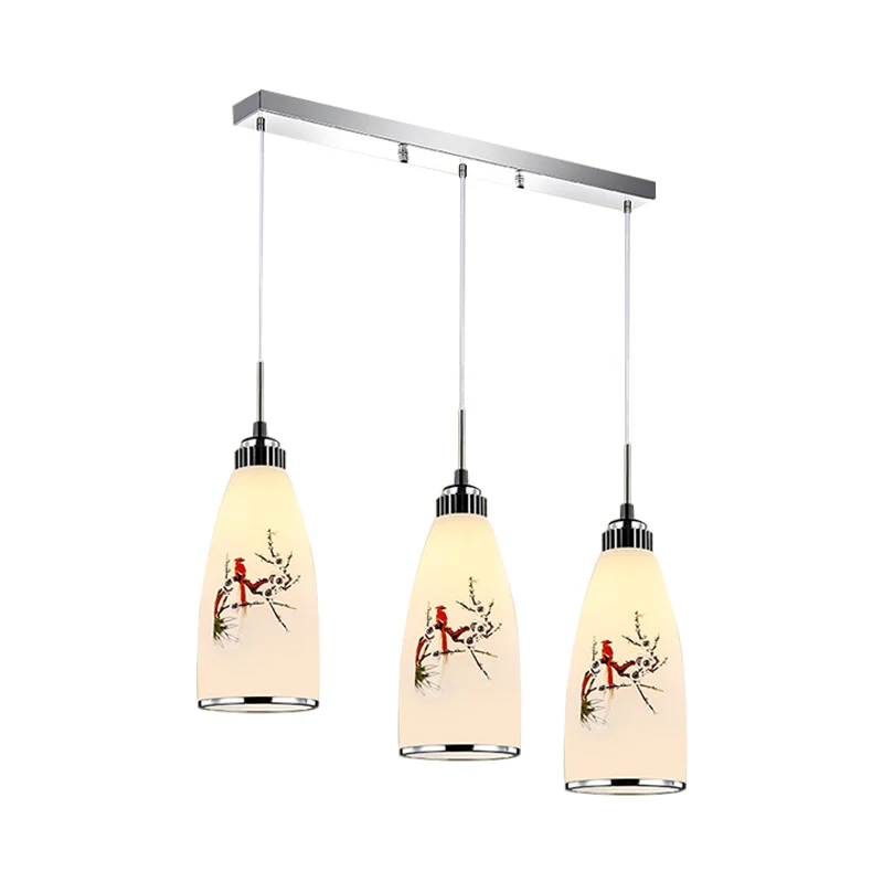 Minimalistische, langwerpige, witte, bedrukte glazen hanglamp met 3 lampen en ronde/lineaire luifel met Inclusief LED