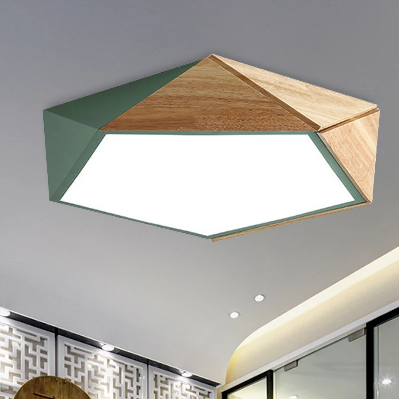 Pentagon Studeerkamer Plafondlamp Acryl & Hout Macron Stijl 16,5"/20,5" Brede LED Plafondmontage Zwak Groen/Roze/Geel voor...