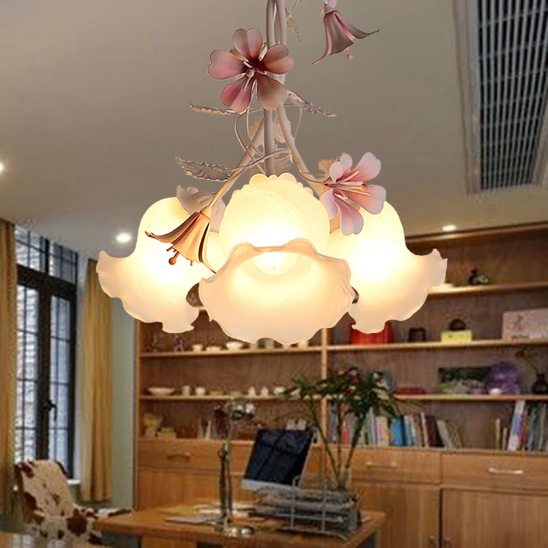 Pink Scalloped Chandelier Pendant Light Pastoral Sneeuwwit Glass 1/3 Heads Bedroom LED Ceiling Lamp IP44 Badkamer geschikt...