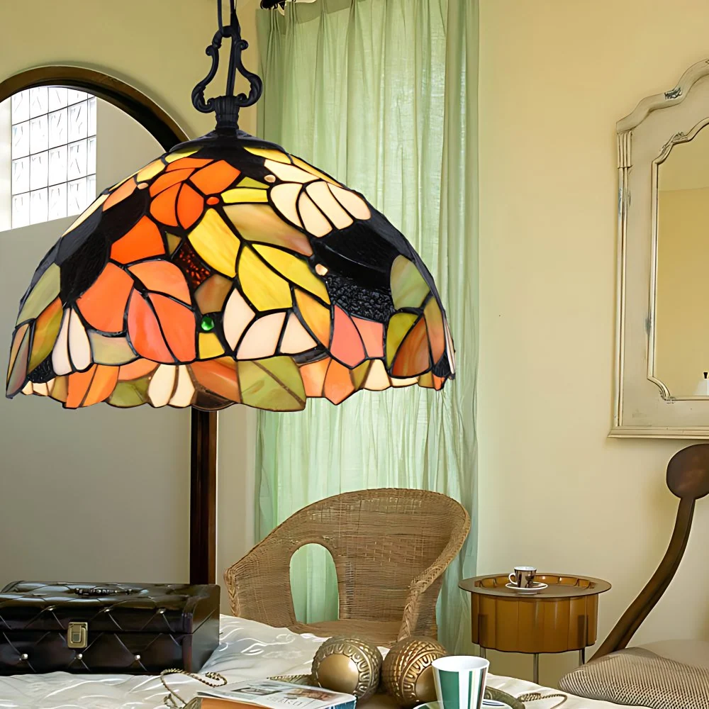 Premium LED Tiffany hanglamp schelp/blad/vlinder glas--lood 1 lamp hangende plafondlamp zwart voor eetkamer