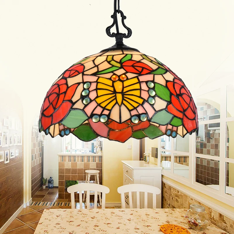 Premium LED Tiffany hanglamp schelp/blad/vlinder glas--lood 1 lamp hangende plafondlamp zwart voor eetkamer