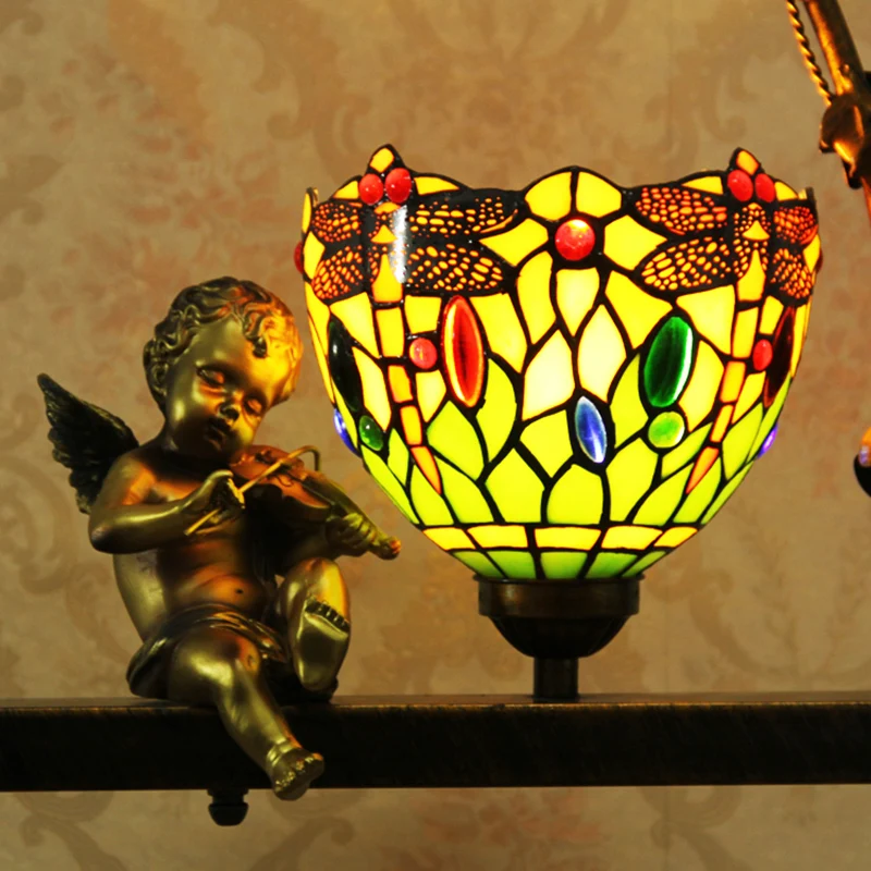 Track Verlichting Bowl Glas--lood Hanglamp Mediterraans 1-lichts Rood/Groen Plafondlamp met Engel Deco