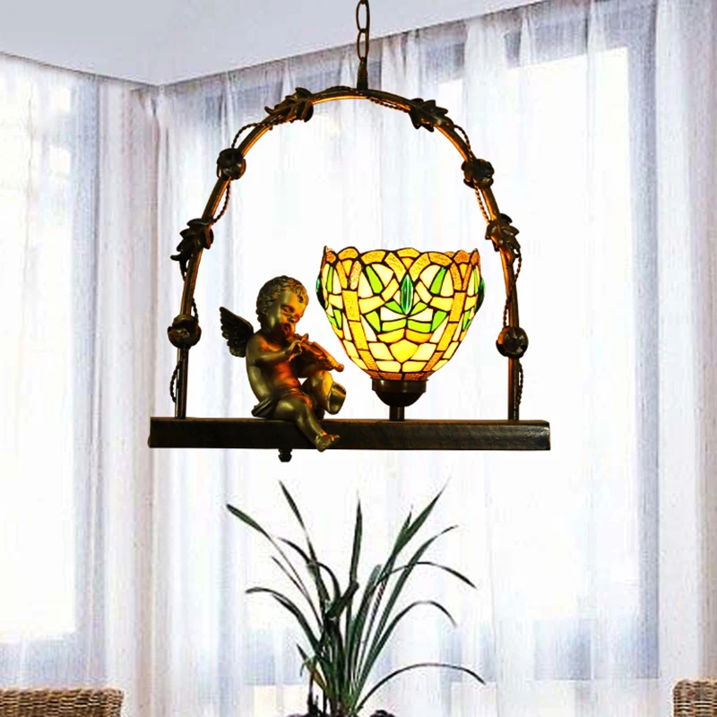Track Verlichting Bowl Glas--lood Hanglamp Mediterraans 1-lichts Rood/Groen Plafondlamp met Engel Deco