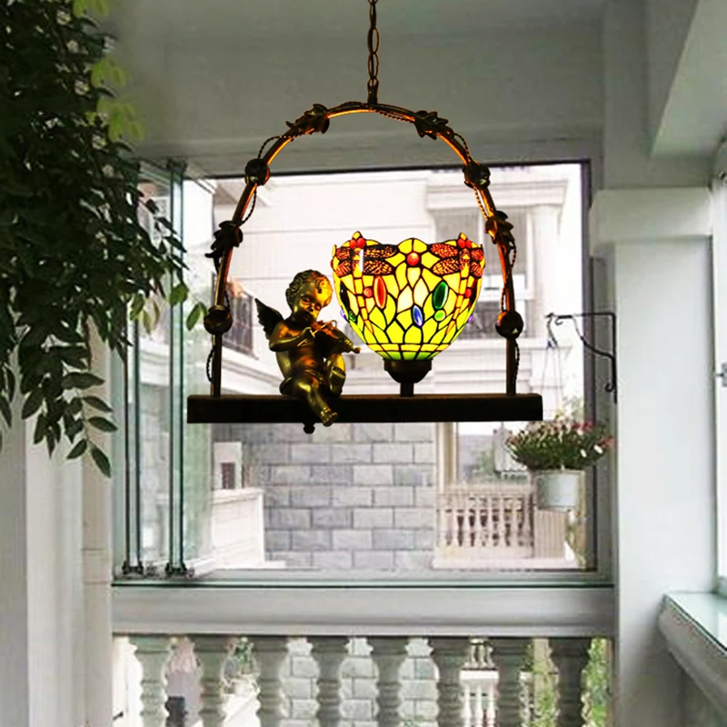 Track Verlichting Bowl Glas--lood Hanglamp Mediterraans 1-lichts Rood/Groen Plafondlamp met Engel Deco