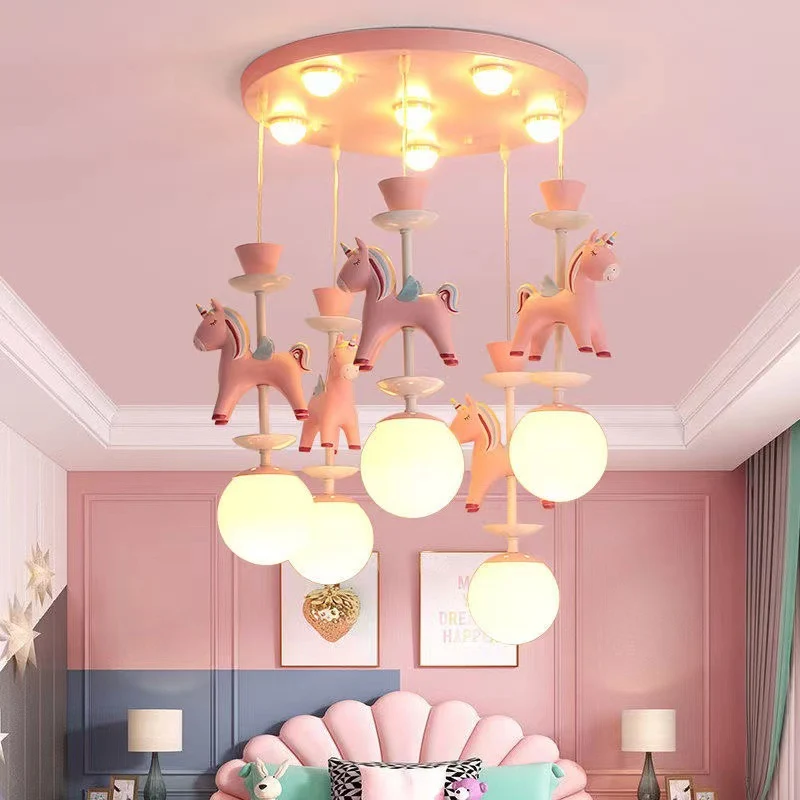 Track Verlichting Cartoon LED-plafondhanger Wit Paard Meerdere hanglampen met metalen kap voor slaapkamer