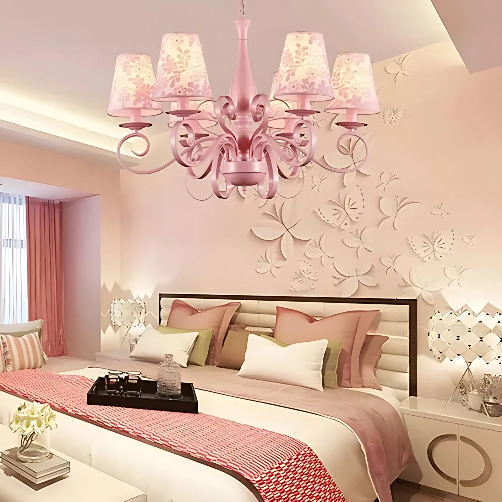 Track Verlichting Kinderen conische schaduw kroonluchter 5-lichts metalen hanglamp roze voor woonkamer