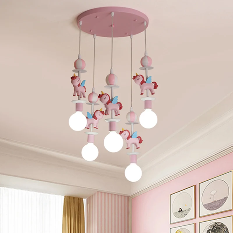 Track Verlichting Multi-plafondlamp eenhoornvorm, cartoon hars, 5 lampen, roze/blauwe afwerking, hanglampenset met ronde l...