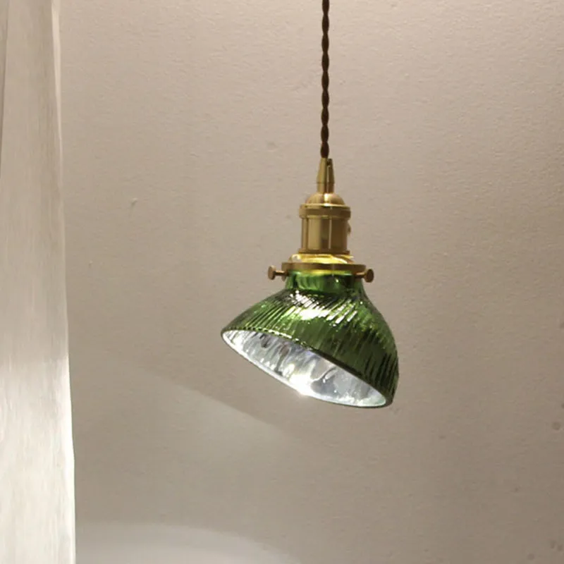 Twisted Bowl Restaurant Hanglamp Koloniaal Helder/Groen Prismatisch Glas 1-lichts Messing Hanglamp met afstandsbediening