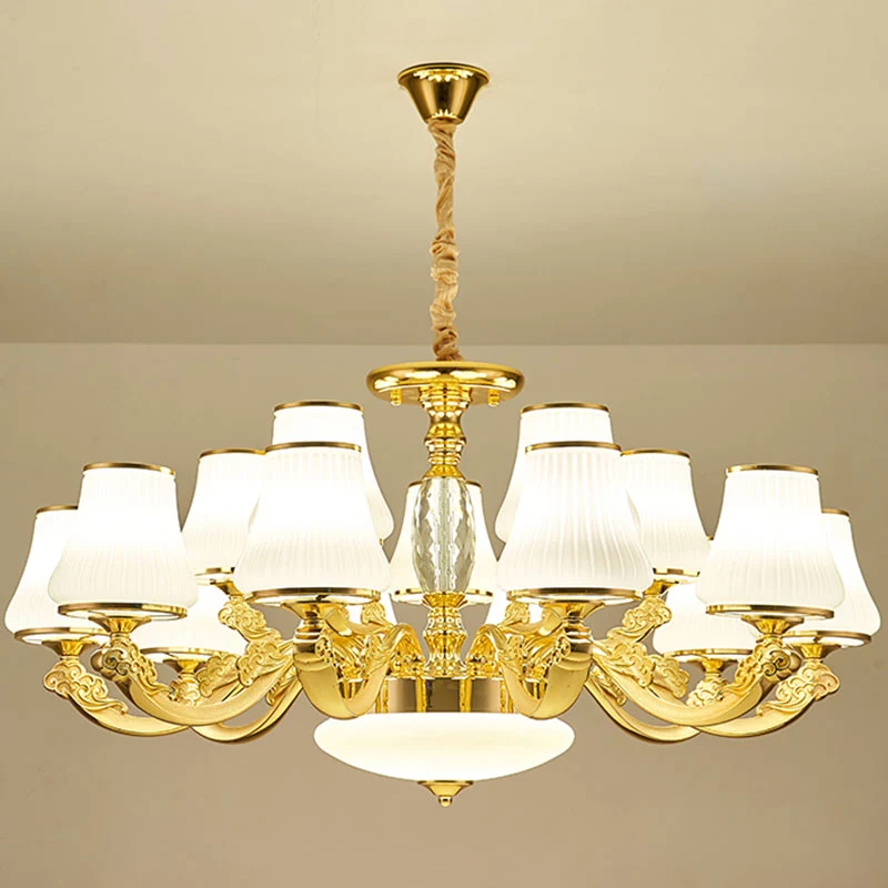 Wit geribbelde glazen kegelplafondlamp, eigentijdse gouden kroonluchterlamp met Dimbare LED
