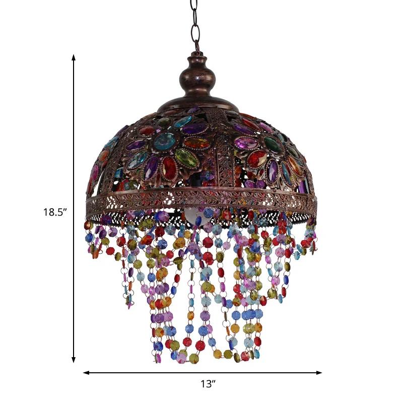 Zilver/roest koepelvormige hanglamp met kralenstreng Bohemen-stijl, 1-lichts plafondlamp - 60cm Diameter