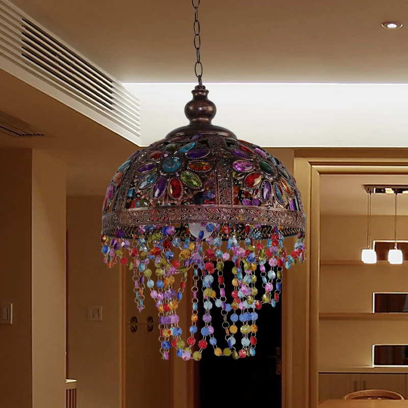 Zilver/roest koepelvormige hanglamp met kralenstreng Bohemen-stijl, 1-lichts plafondlamp - 60cm Diameter