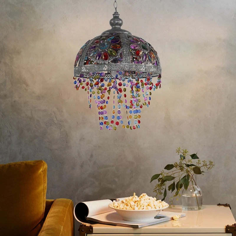 Zilver/roest koepelvormige hanglamp met kralenstreng Bohemen-stijl, 1-lichts plafondlamp - 60cm Diameter