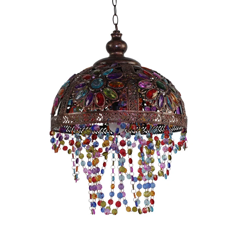 Zilver/roest koepelvormige hanglamp met kralenstreng Bohemen-stijl, 1-lichts plafondlamp - 60cm Diameter