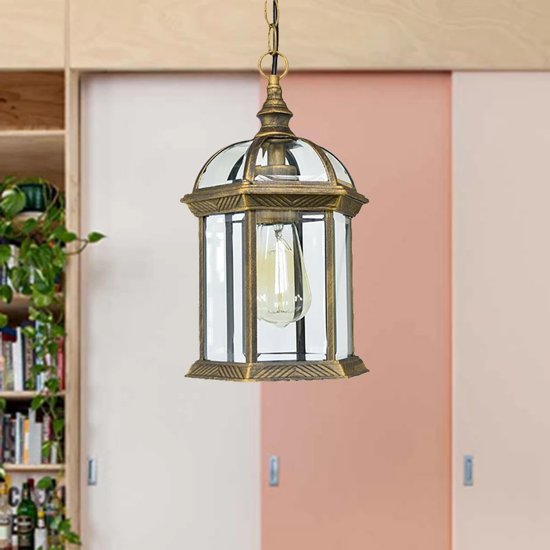 Zwart/Brons/Goud Lantaarn Plafond Hanglamp met Helder Glazen Kap 1 Lamp 8"/9.5"/12" W Van vroeger Buitenverlichting