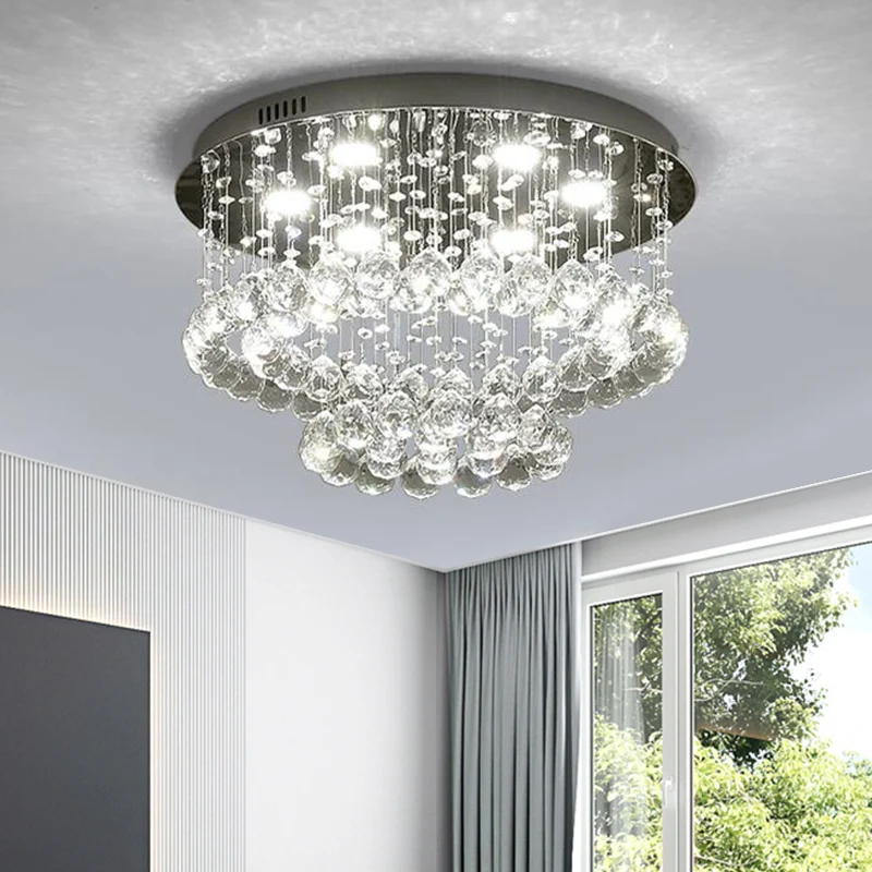 Hoge Druk Natrium Minimalistisch LED Flush Lamp Nickel Circle Ceiling Mounted Light Crystal Drip Shade, 19.5"/23.5" Wide N...