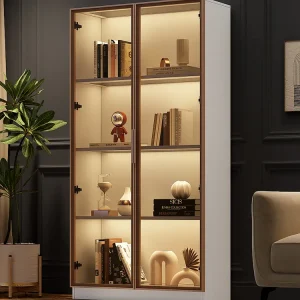 Vitrine met 2 glazen deuren, hoog dressoir - LED's - 80 x 40 x 160 cm - spaanplaat - Wit | 400W | 40000 lm
