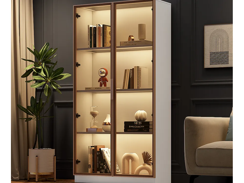 Vitrine met 2 glazen deuren, hoog dressoir - LED's - 80 x 40 x 160 cm - spaanplaat - Wit | 400W | 40000 lm